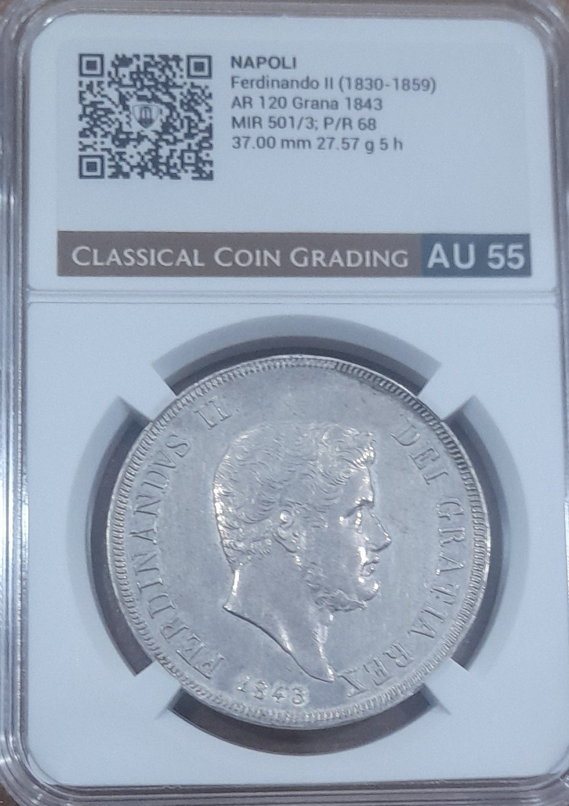 120 Grana 1843 in Slab Classical Coin Grading AU 55