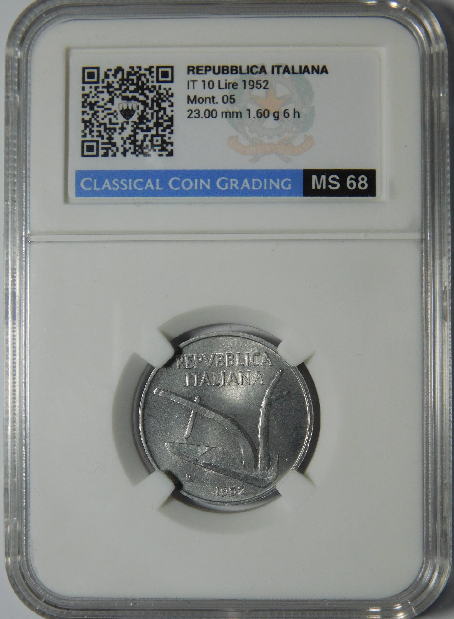 10 Lire 1953 R - in Slab Classical Coin Grading MS 66
