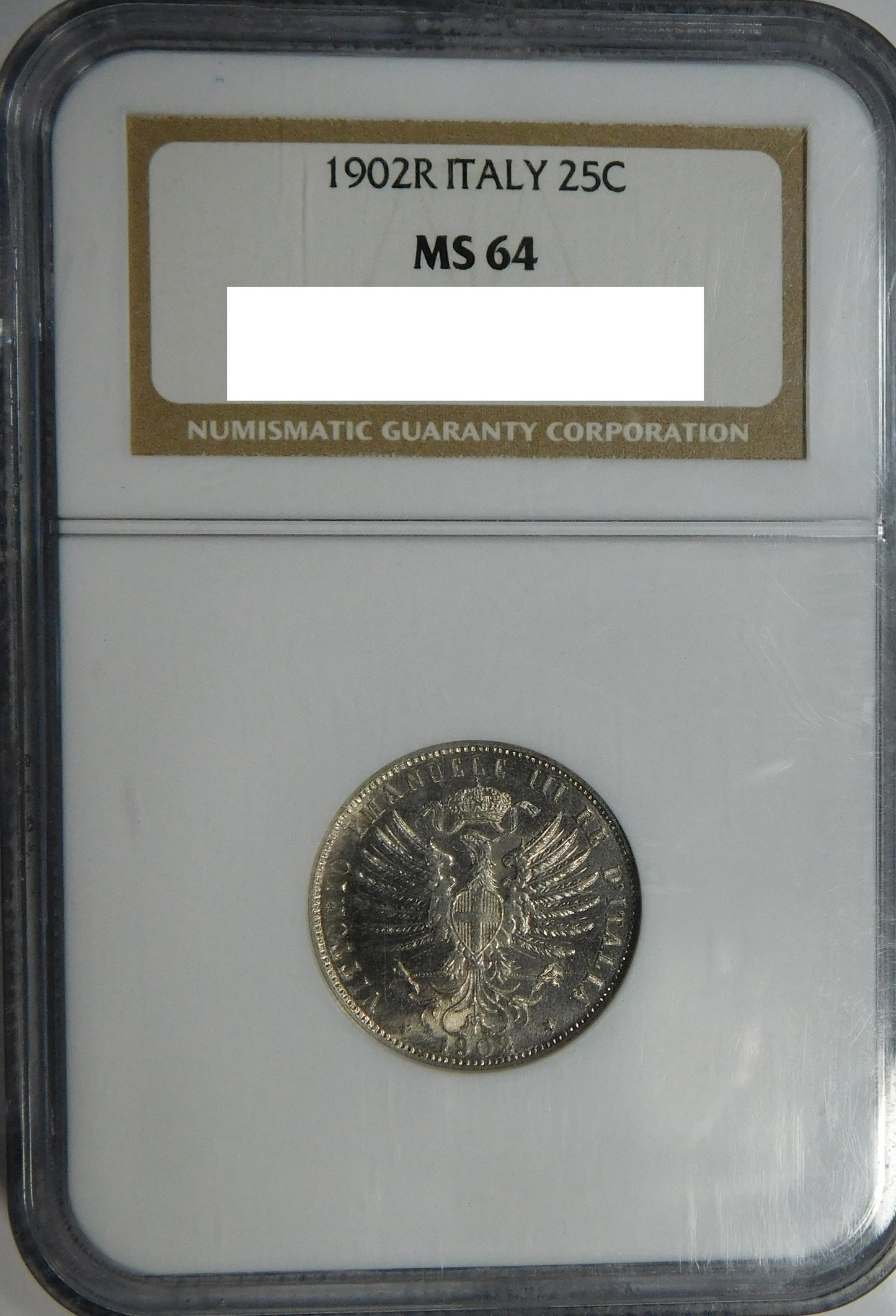 Vittorio Emanuele III° 25 Centesimi 1902 R Aquila Sabauda in slab NGC MS64