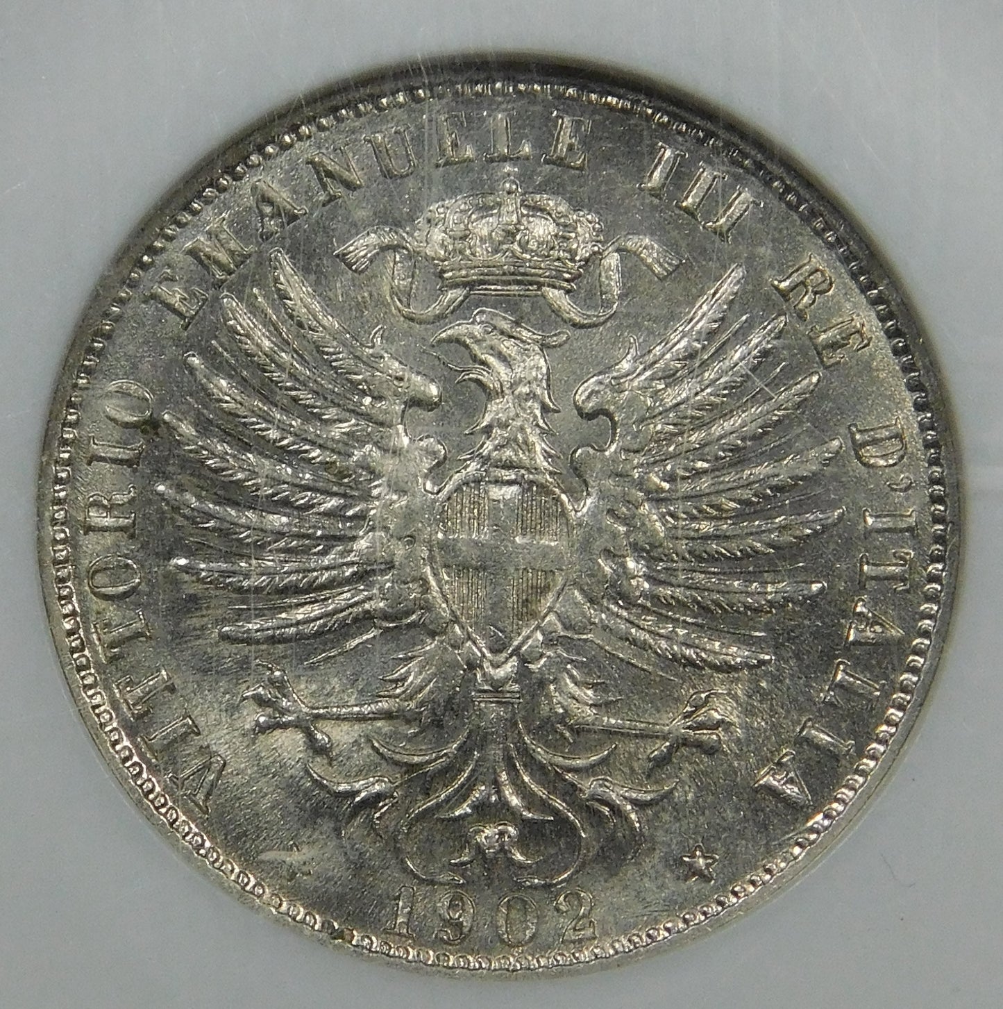 Vittorio Emanuele III° 25 Centesimi 1902 R Aquila Sabauda in slab NGC MS64