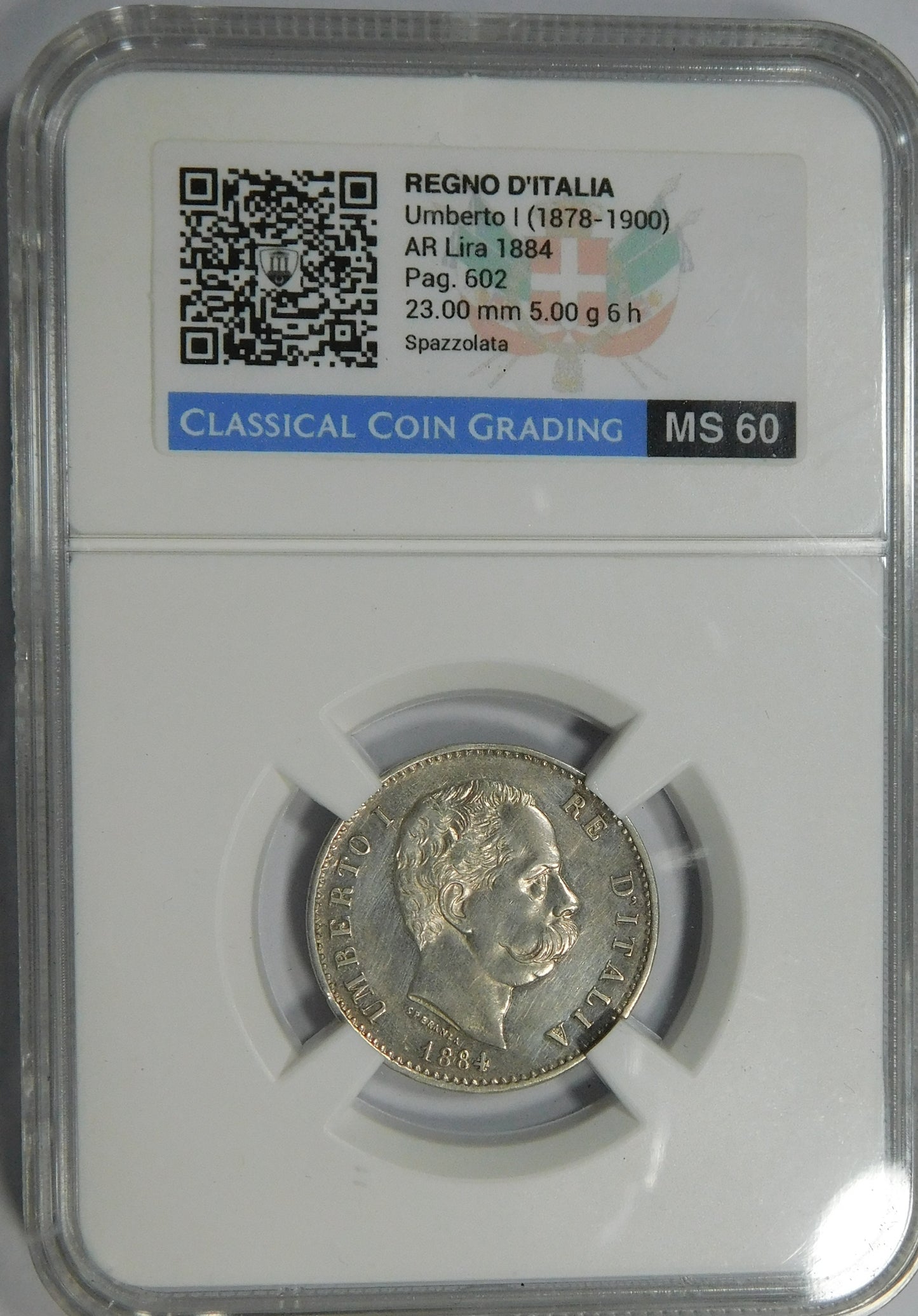 Umberto I° 1 Lira 1884 R in slab Classical Coin Grading MS60