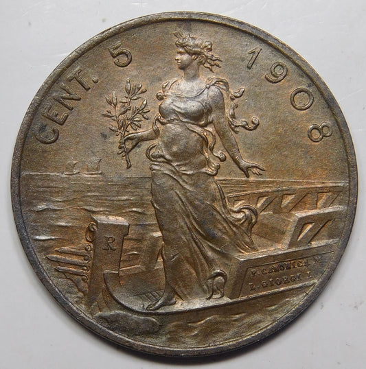 Regno d'Italia Vittorio Emanuele III 5 centesimi 1908 Italia su Prora