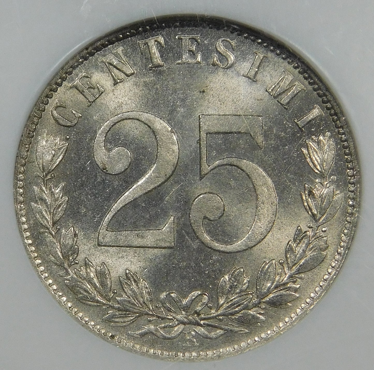 Vittorio Emanuele III° 25 Centesimi 1902 R Aquila Sabauda in slab NGC MS64